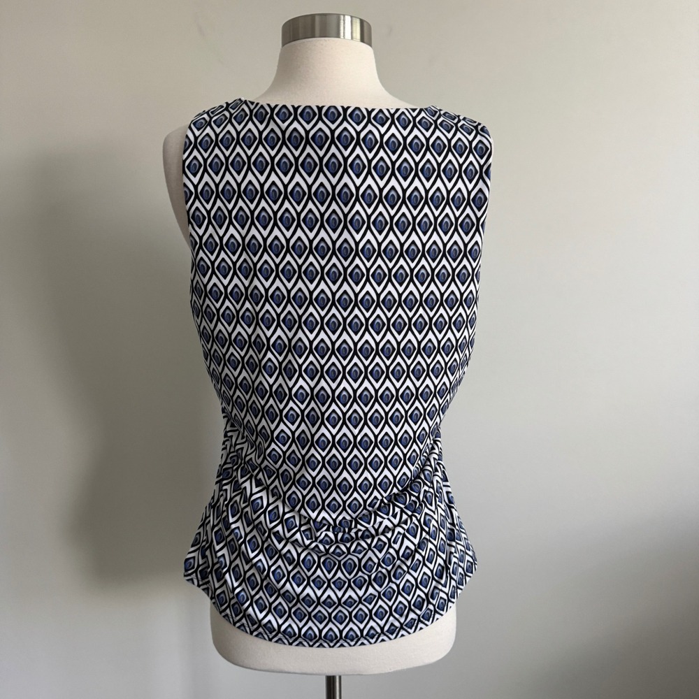 White House Black Market Blue Geometric Print Ruched V-Neck Blouse Large - Picture 5 of 6